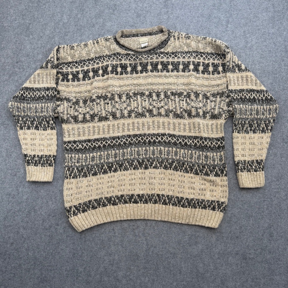 Great Land Mens XXL Multi Pattern Knit Crewneck Sweater Beige Charcoal Wool
